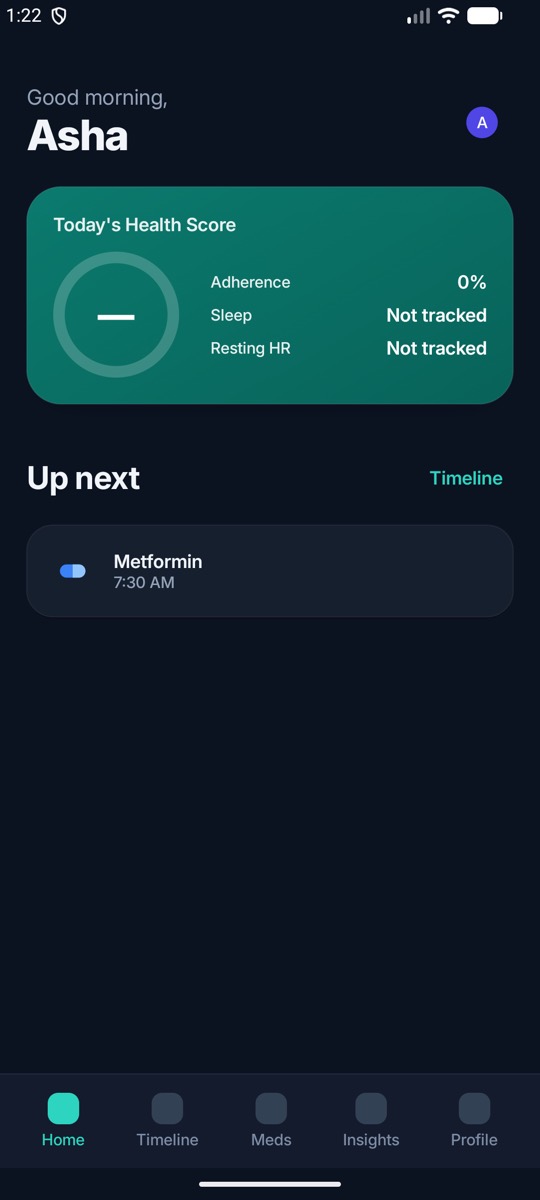 CarePulse home screen: greeting, health score card with adherence, sleep and resting heart rate, next dose, and a five-tab bar.