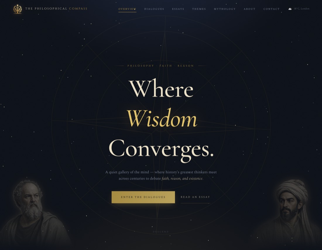 The Philosophical Compass home page: a compass rose drawn in line, the words Where Wisdom Converges, two philosopher portraits, and section navigation.