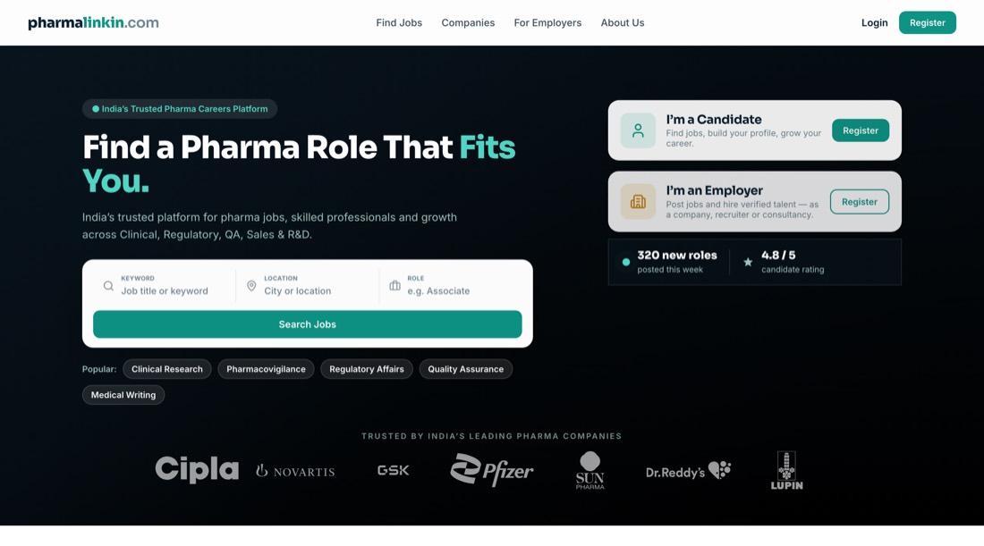 pharmalinkin home page: headline, three-field job search console, candidate and employer lanes, and a row of pharmaceutical company marks.