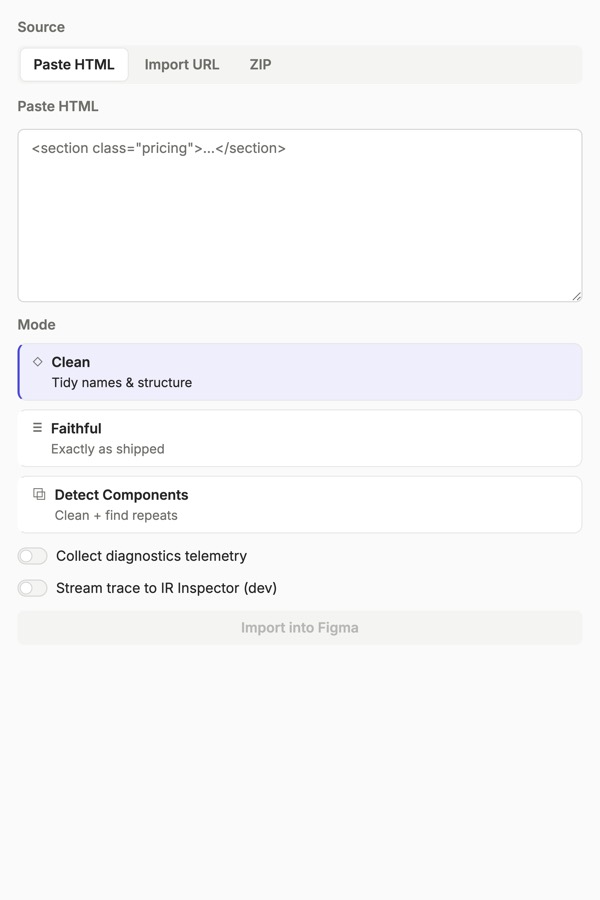 The Reweave Figma plugin panel: source selector, HTML input, three reconstruction modes, and the import action.